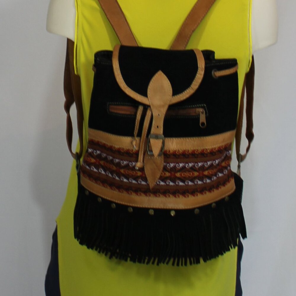 Suede mini backpack Black Brown  Women's with Ornament  Hand Made 10" x 4" x 12"